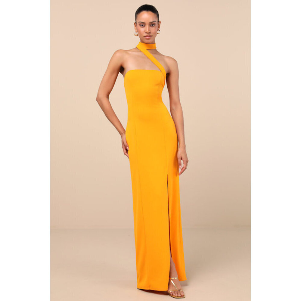 Lulus Seraphina Golden Yellow Asymmetrical Column Maxi Dress - Size M